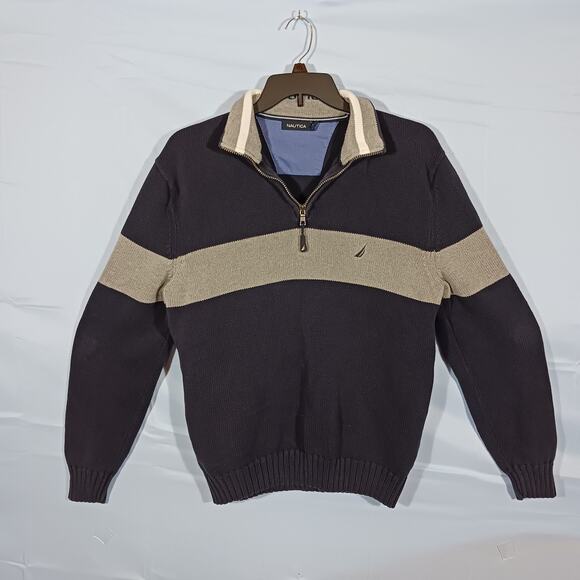 Nautica Mens Sweater XL Blue Wide Gray Stripe 1/4 Zip Long Sleeve Heavy Sweater - Picture 1 of 13